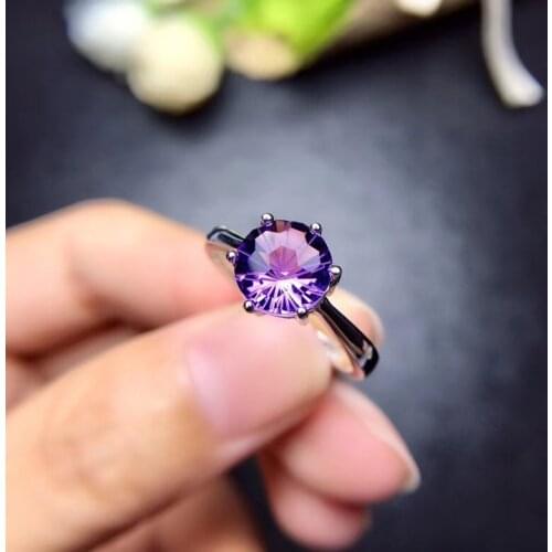 Uloveido Natural Amethyst Solitaire Ring, 925 Sterling Silver, 8*8mm Certified Round Purple Gemstone Wedding Jewelry for Women