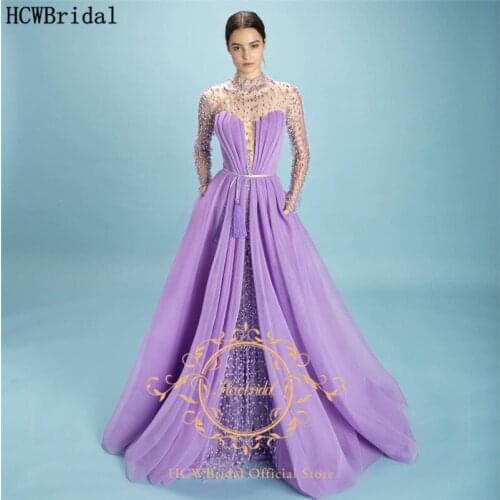 Lavender Long Sleeves Transparent Sexy Evening Dress High Neck With Pockets Plus Size Arabic Women Prom Gown Long Special Dress