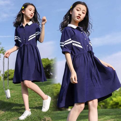 Summer 2021 New College Style Kids Sport Children Clothes Brief Teen School Girls Striped Casual Dress 6 7 8 To 9 10 12 Years
