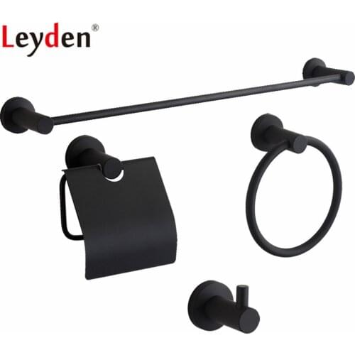 Leyden 4pcs Bathroom Accessories Set Black Single Towel Bar Towel Ring Holder Toilet Paper Holder Robe Hook Wall Mounted
