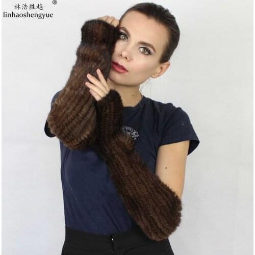 Linhaoshengyue Winter Women Real Mink Fur Glove 40cm Long Glove