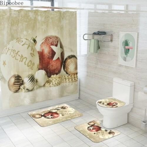 New Year Christmas Shower Curtain Waterproof Bells Holiday Decoration Bathroom Mat Lid Toilet Rug Set 3d Print Toilet Seat Cover