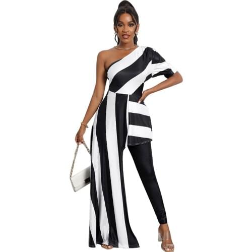 African Clothes For Women Irregular Long Skirt Shorts Oblique Shoulder Jumpsuit Summer New Fashion Casual Striped Pants Shorts
