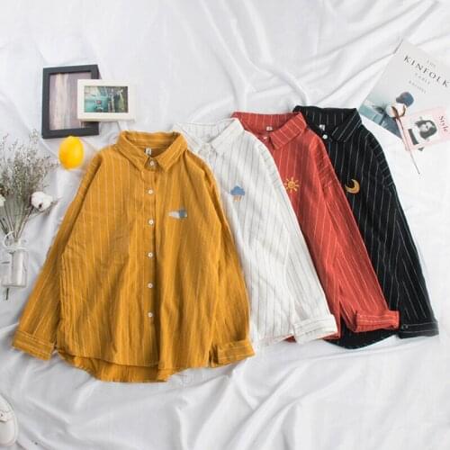 Striped vintage women shirts v-neck turn-down collar long-sleeved loose preppy style office lady elegant embroidery shirts tops