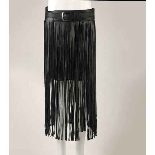 New Long tassel belts Fringe Black Faux pu Leather Lady Belt High Waist tide Punk Boho female waist Hippie belt Bl76