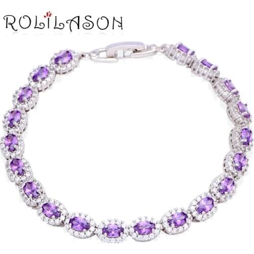 ROLILASON Latest Design Permanent Light Charm Bracelets for Women Silver Purple Crystal Fashion Jewelry TB995