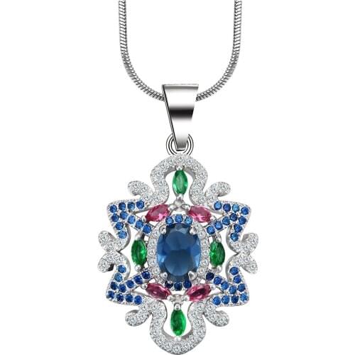 Luxury Gorgeous Women Jewelry Blue Zircon Flower Pendant Necklace for Wedding Engagement Party Set Gifts