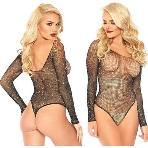 Sexy Women Long Sleeve Fishnet Rhinestone Bodysuit Leotard Tops Swimsuit Hollow Out Off Shoulder See Through Playsuit Jumpsuit