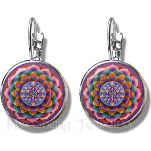 The Buddhism OM Symbol India Mandala Flower Earrings Zen Picture 16mm Glass Cabochon Silver Plated Stud Earrings For Women Gift