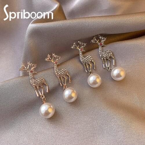 New Elk Earrings for Women Temperament Pearl Christmas Earring Cute Small Animal Studs Earring Trendy Texture Jewelry Party Gift