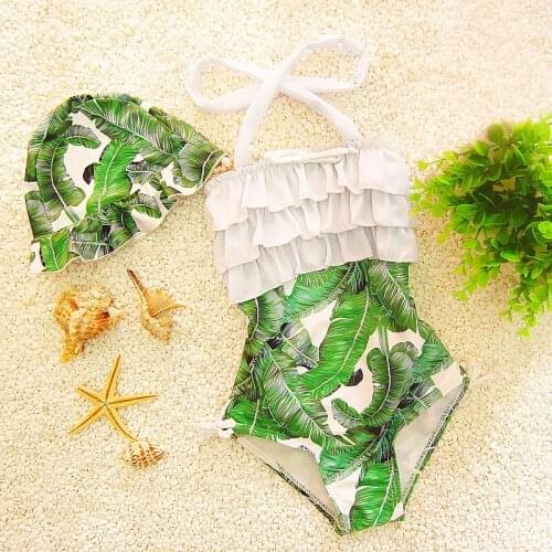 Leaf Printed Girls Swimwear W/Cap One Pieces Baby Children Swimsuits Kids Children Bathing Suits Swimming Clothes DBO