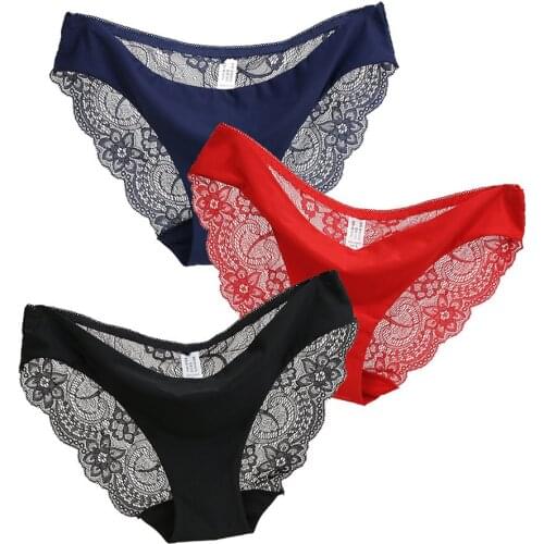 3pcs/Lot Sexy Lace Women Briefs Seamless Solid Underwear Lady Panty Hot Transparent S-XXL Plus Size Lingerie Crotch Cotton Femme