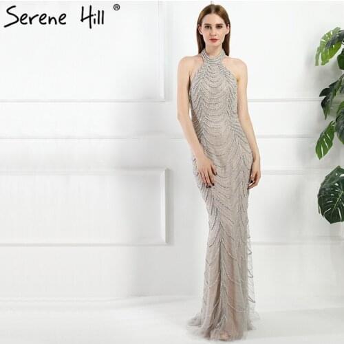 Sexy Backless Halter Gray Mermaid Long Evening Dresses 2020 Real Picture Luxury Crystal Beaded Lace Dubai Robe De Soiree BLA6101
