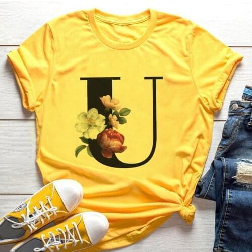 2021 New Fashion 26 English Alphabet Print Yellow Tshirt Summer Harajuku Casual Tops T Shirt Women Couples Lovers Female T-Shirt