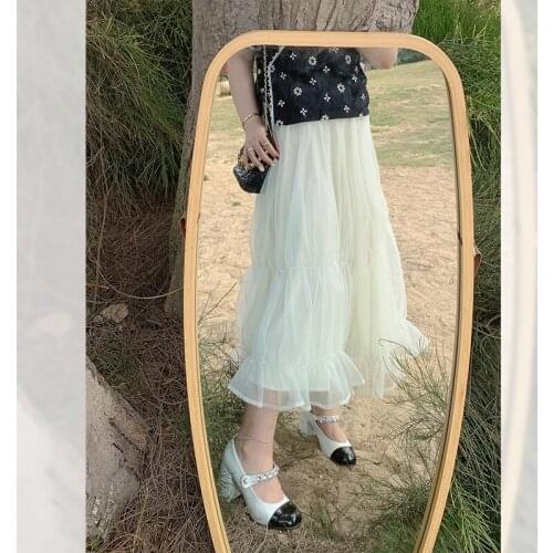 Mesh Skirt 2021 Summer Autumn Solid Color High Waist Ruffles Slim Elegant Mid-Length Korean Style Womens Skirt