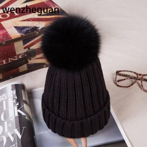 Women Real Fox Fur Winter Hat Pom Poms Ball Keep Warm For Man&Women Wool Hat Knitted Skullies Beanies Cap Thick Female Cap