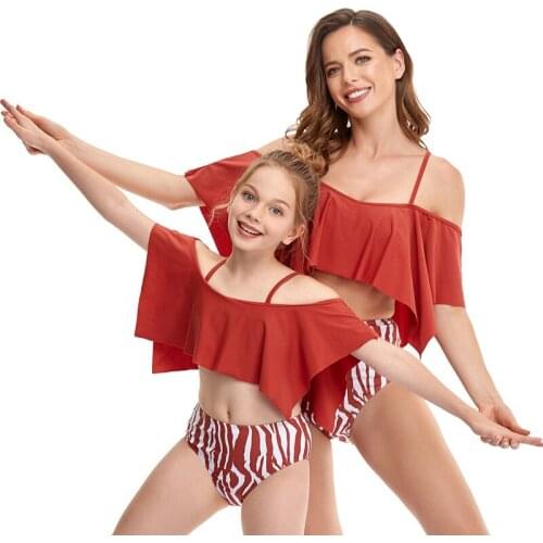 2021 Women Four Corner Lotus Leaf Parent Child Swimsuit Family Matching Swimwear Split Swimsuit Bikini 2Piece Outsuits