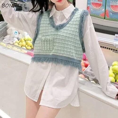 Vests Women Green Plaids Sweet Girls Sweater Sleeveless Tassel Elegant All-match Vintage V-neck Students Maiden Popular Korean