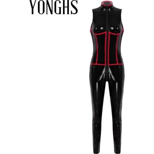 Womens Sexy Latex Bodysuit Glossy Wetlook Patent Leather Stand Collar Zippered Bust and Crotch Leotard Bodysuit Catsuit Clubwear