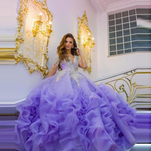 Violet Sexyt Elegant Evening Dress V-Neck A-Line Ballgown Applique Chiffon Tulle Ruffles DubaiFormal Prom Dress Custom Made