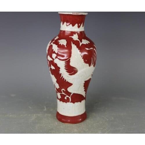 Antique QingDynasty porcelain vase,red glaze engraved white dragon bottle,Hand-painted crafts,Collection&Adornment,Free shipping