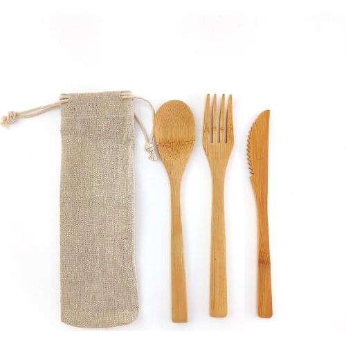Zero Waste 3Pcs/Set Portable Reusable Bamboo Cutlery Set Biodegradable Fork Spoon Knife With Cloth Bag For Tableware