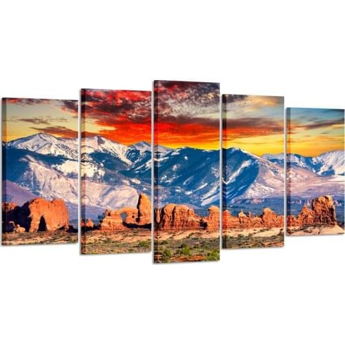 5 Pieces Modern Canvas Painting Wall Art Red Clouds And Cool Rocky Mountains In Arches National Park Utah Sunset Drop Shipping