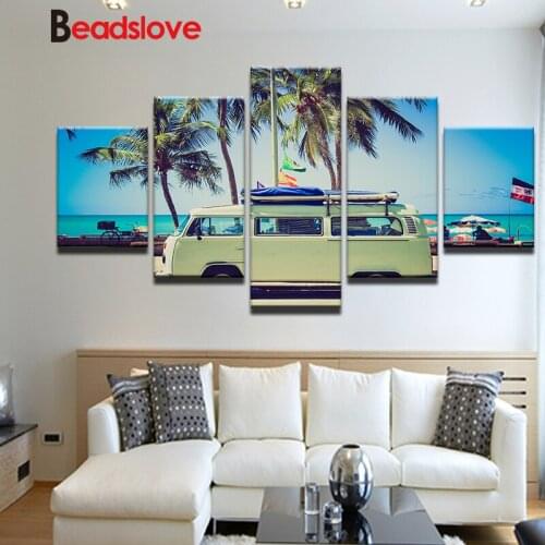 5d diy diamond painting Cool Summer Landscape Seaside Bus Blue Sky Full Drills 5 Panel Abstract Full Diamond embroidery