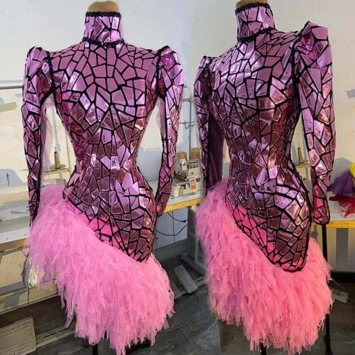 Sparkly Rose Pink Mirrors Sequins Dress Birthday Celebrate Outfits Nightlcub Bar DJ Costume Dress Women Dancer Evening Dresses