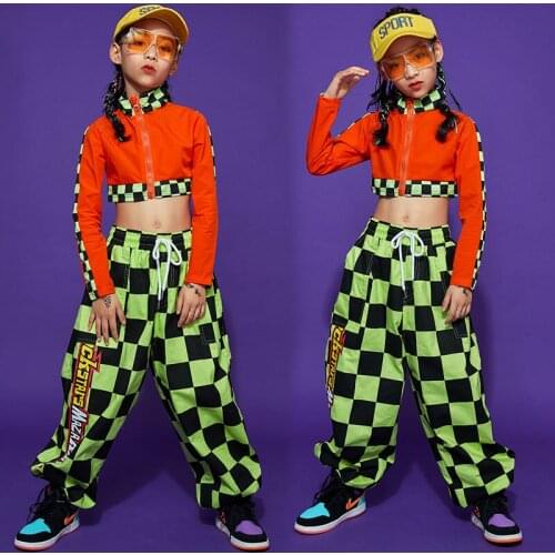 Kids Cool Hip Hop Clothing Long Sleeve Crop Tank Tops Stage wear Checkered Cargo Pant For Girls Jazz Dance Wear Costumes Clothes