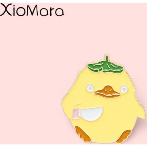 Yellow Duck with Lotus Leaf Enamel Pins Threaten with a Knife Brooches Lapel Badges Jewelry Gift for Friends Wholesale Pin