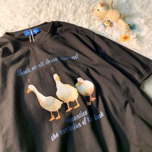 Funny duck print short-sleeved t-shirt for men women Chic trend oversized lovers Hong Kong style top preppy lovely streetwear