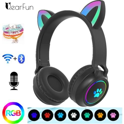 HIFI Stereo Bass Girls Gamer Cat Wireless Headphones with Microphone RGB Cute Kid Adults Children Music Gaming Bluetooth Headset
