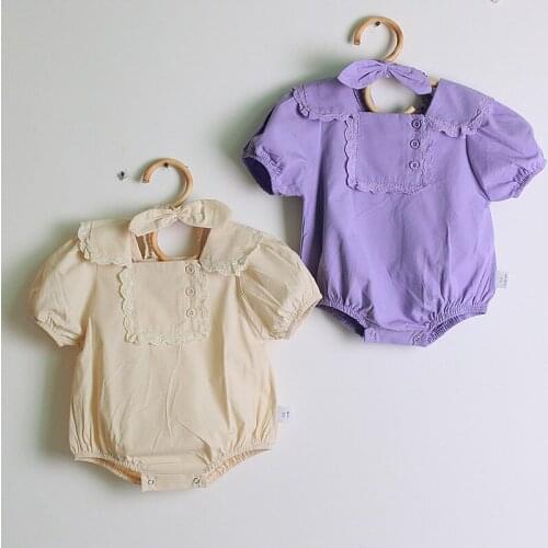 New Summer Baby Girl Romper 2pcs Sets Solid Lace Square Collar Short Sleeve Baby Bodysuit+headband Princess Baby Jumpsuit 0-18M