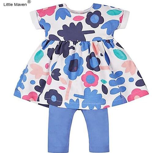 New Brand Girl Set Little Maven 1-6 Years Flower Printing Summer Set 100% Cotton Short sleeved dress+Pant Children Set