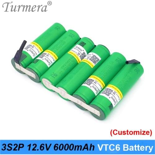 Turmera 10.8V 12.6V 3S2P 6000mAh Li-ion Battery 18650 VTC6 3000mAh 30A Battery with Soldering for Screwdriver Battery Customized