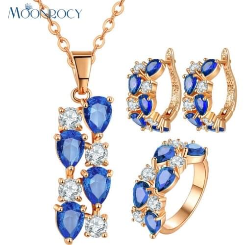 MOONROCY Rose Gold Color Blue Red Green CZ Necklace Earring and Ring Jewelry Set Wholesale for Women Gift Drop Shipping