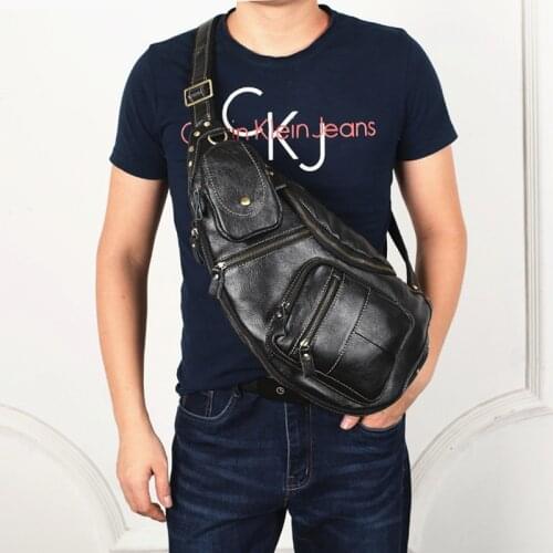 Leather Mens Multi-function Chest Bag Men Leatehr Crossbody Bag Multi-pocketsarge Capacity Hiking Backpack Mobile Phong Bag