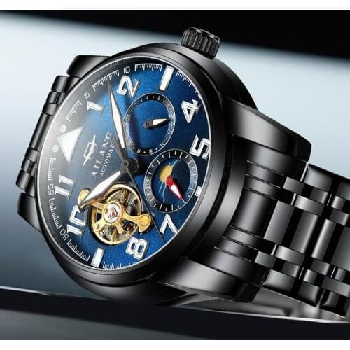 Men Watch Moon Phase Black Steel Military Sport Tourbillon Wristwatch Skeleton Automatic Mechanical Male Clock relogio masculino