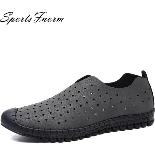 Mens Summer Mocassins Leather loafers Slip-On Soft Casual Shoes Comfortable Drive Flats Black Grey Pinhole Breathable Sandals48