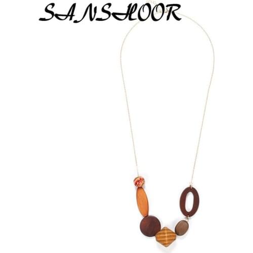 SANSHOOR New Arrival Long Sweater Wooden Necklace Handmade Leisure Bead Pendant Long Chain Necklace Geometric Bead For Female