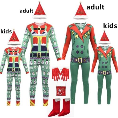 Christmas Family green zentai Costume Christmas elf Festival Santa for kids&adult New Year chilren clothing Fancy Xmas Party set