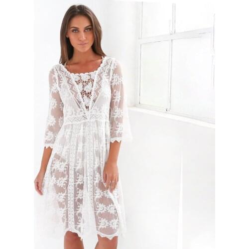Sexy Lace Beachwear Women Cover Up Hollow Out Chiffons Crochet Solid Swimwear Beach Dress Vestidos Bikini Cover Ups Tunic Hot