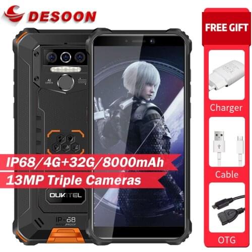 Oukitel WP5 5.5''HD+ 18:9 IP68&IP69 Waterproof 4GB 32GB Android 9.0 Quad Core 13MP MT6761 8000mAh Tri-proof 5V/2A Mobile Phone