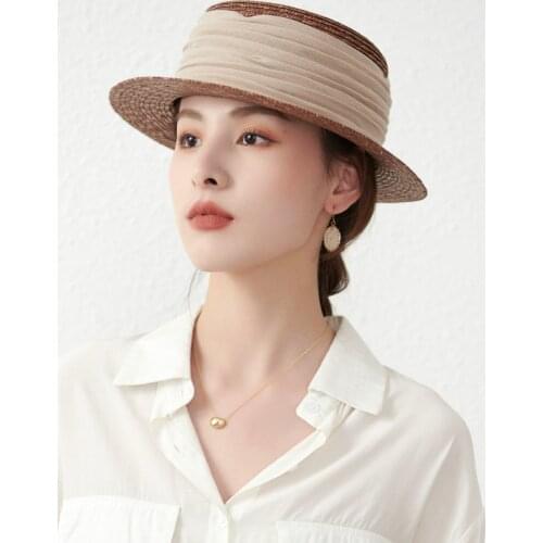 New summer straw hat for women with flat top lady retro short eaves sunshade and sun protection holiday seaside