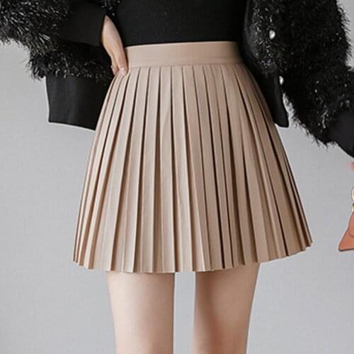 Blogger Chic Style High Waist All-match PU Leather Skirt A-line Pleated Skirts Mini Skirts