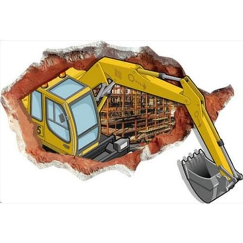 Funny excavator 3d broken wall art vinyl mural stickers kids room decoration children puzzle cartoon vehicle wallpaper 90*60cm