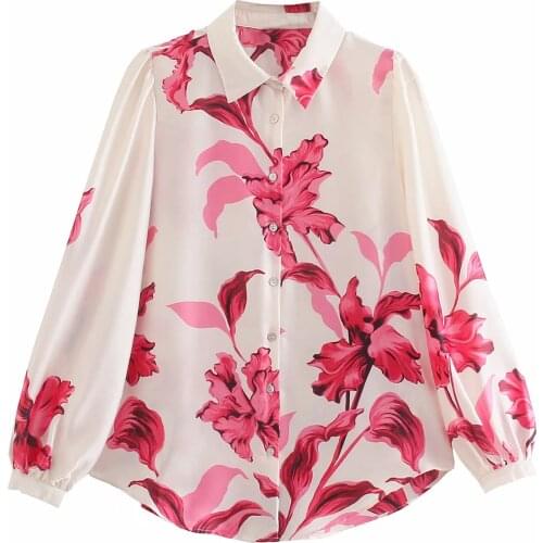Za Women New Summer Autumn Retro Sweet Flower Print Simple Style Loose Sleeve Lapel Shirt Casual Chic Irregular Shirt XITIMEAO