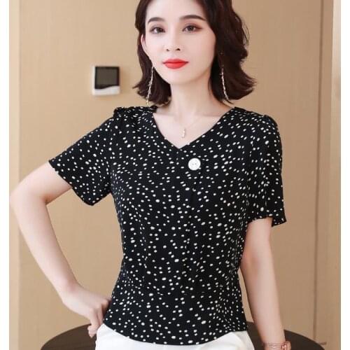 Womens Spring Summer Style Chiffon Blouses Shirt Womens Short Sleeve Polka Dot V-neck Casual Elegant Tops SP219