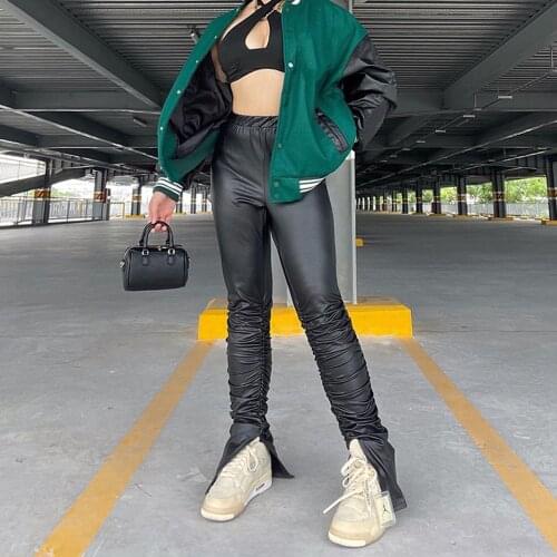 Newest Arrival Women PU Pants with Split Bottom Ladies Fashion Fold Decoration Sexy High Waist Solid Color Spring Clothing